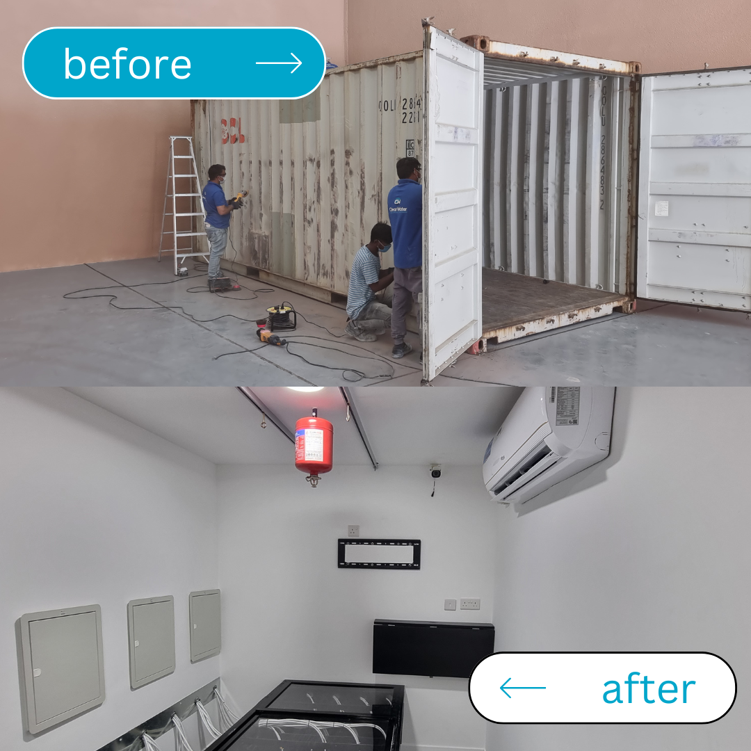 Before and after: modified shipping container exterior and interior